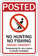 No fishing warning sign no hunting, no fishing. Private property. trespassing for any reason is strictly forbidden