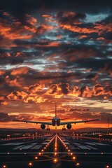 A plane taking off from an airport during sunset time