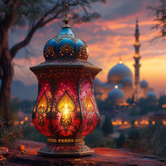 A picture of a colorful lantern with the text ‘Ramadan Kareem’ in Arabic and English and a mosque in the background