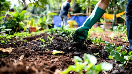 A workshop on composting held in a lush garden, educating on reducing waste and enriching soil, aligning with sustainable practices.