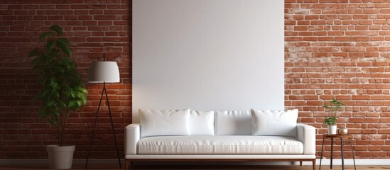 A cozy living room with a white couch, brick wall, and wooden flooring