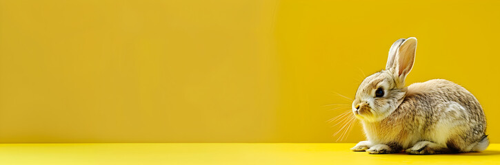 Fluffy bunny animal shelter volunteer banner. Cute bunny on yellow background with copy space. - obrazy, fototapety, plakaty
