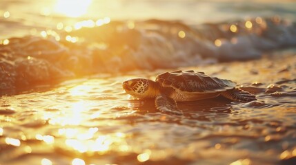 A turtle gracefully swims through the ocean waters as the sun sets in the background, casting a warm glow over the scene. The turtles shell glistens in the fading light, creating a beautiful contrast