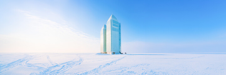 modern greenhouse skyscrapers on ice desert