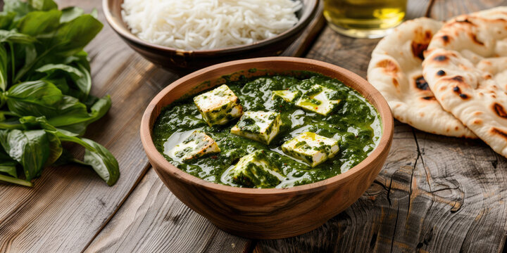 Delicious Bowl of Indian Palak Panner on a Wooden Table with Rice and Naan