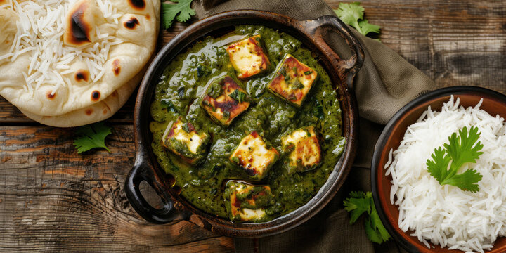 Delicious Bowl of Indian Palak Panner on a Wooden Table with Rice and Naan