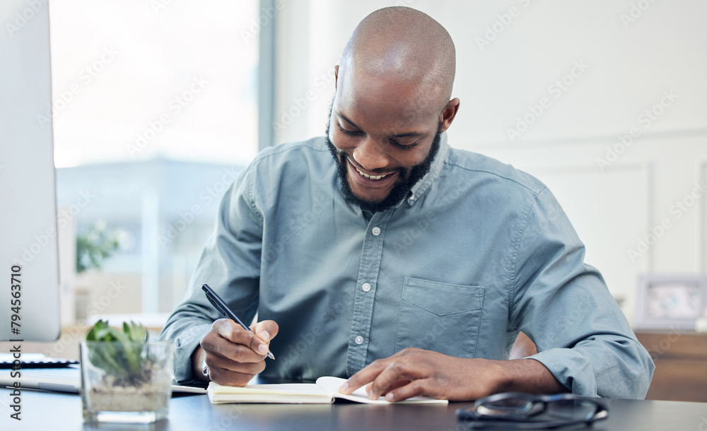 Poster businessman, office and notebook with smile with writing for planning with creative project. strateg