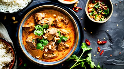 An overhead shot of a Massaman Curry, with the rich, nutty sauce forming an elegant pattern around tender pieces of meat