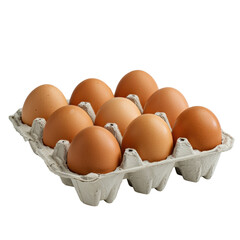 A carton of chicken eggs sits on a pristine white surface standing out against a transparent background