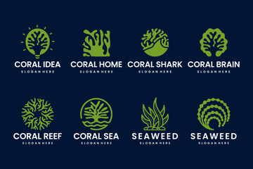 Set of coral reef and seaweed combination vector logo design premium