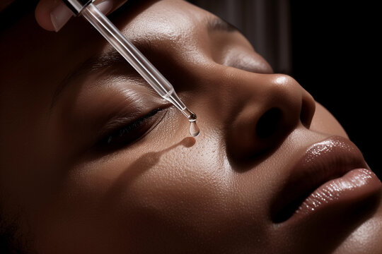 Close-up African American black woman applying beauty face liquid serum drop with glass dropper modern skincare skin clinic salon campaign full lips glow female model facial brown natural vibe