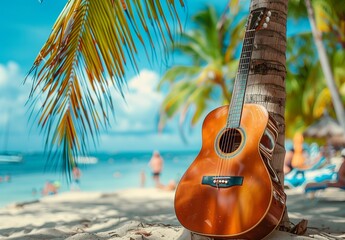acoustic guitar leaning against palm tree on the beach, blurred background of people in the water and sand, beautiful soft light - Powered by Adobe
