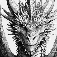 Obraz premium Dragon Head Closeup Adult Coloring Page Black and White