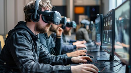 A behind-the-scenes look at game developers testing a new VR experience, wearing headsets and analyzing data on monitors, giving insight into the creative process behind immersive games.