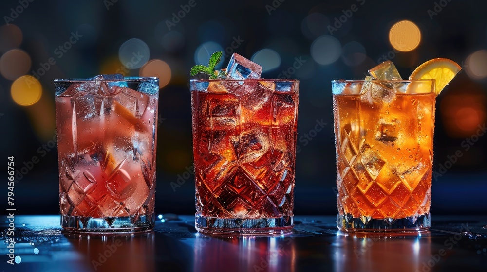 Canvas Prints three refreshing cocktails in glasses against dark backdrop