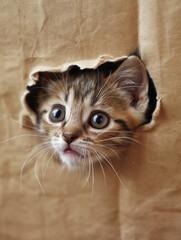 Cute kitten sticking its head out of the hole in paper background