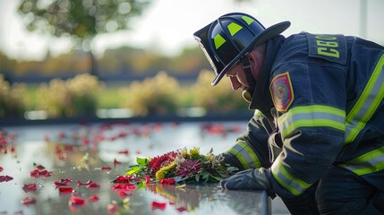A solemn moment captured as a firefighter places a wreath at the base of a memorial honoring those who sacrificed their lives in the line of duty. .