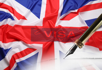 Visa to United Kingdom. Multiple exposure with flag of Great Britain and fountain pen