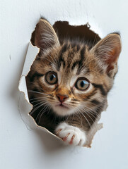 Naklejka premium Cute kitten sticking its head out of the hole in paper background