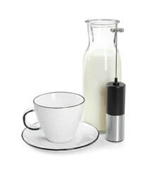 Mini mixer (milk frother), cup and bottle isolated on white - obrazy, fototapety, plakaty