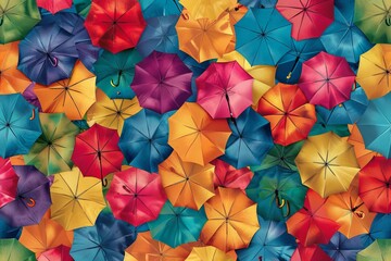 Fototapeta na wymiar Creative arts merge as colorful umbrellas stack symmetrically on a wall