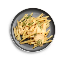 Wandcirkels plexiglas Delicious french fries with cheese sauce and dill isolated on white, top view © New Africa