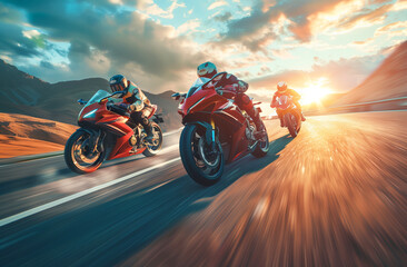 Three sportbikes driving on the road, with speed and motion blur, in a mountain landscape in the background, with sun rays