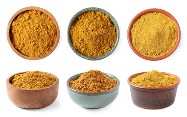 Curry in bowls isolated on white, top and side views. Collage