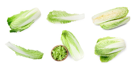 Fresh ripe Chinese cabbages isolated on white, set
