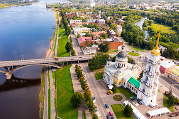 Aerial view of the administrative center of the city of Rybinsk with the Transfiguration Cathedral,...