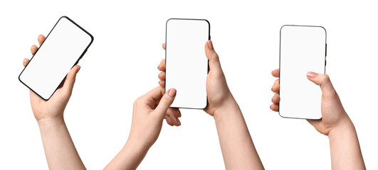 Woman holding phones with blank screens on white background, closeup. Set of photos
