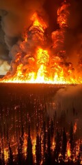Intense wildfire blazing through dense forest at night, vivid orange and red flames engulf trees under dark sky.