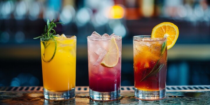 Vibrant summer cocktails on bar counter, refreshing drinks with orange, pink, & amber hues, ideal for parties and celebrations.