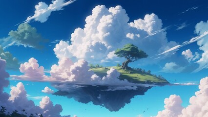 Beautiful fantasy fly island sky clouds with dramatic light landscape anime style