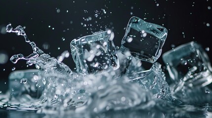 Ice cubes with clear water splash on black background