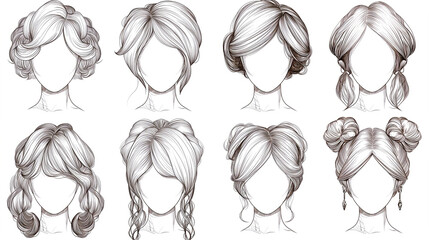 Pencil sketch drawing with collection of wigs, vintage style.