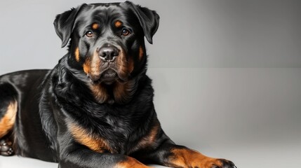 Obraz premium Glamorous Rottweiler Dog Resting on Plain Background, Left Side Reserved for Text