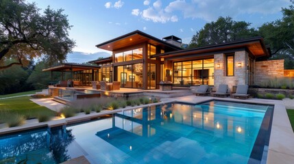 Contemporary ranch house with a pool  AI generated illustration