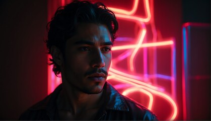red glowing neon lights on hispanic handsome guy in dark background from Generative AI