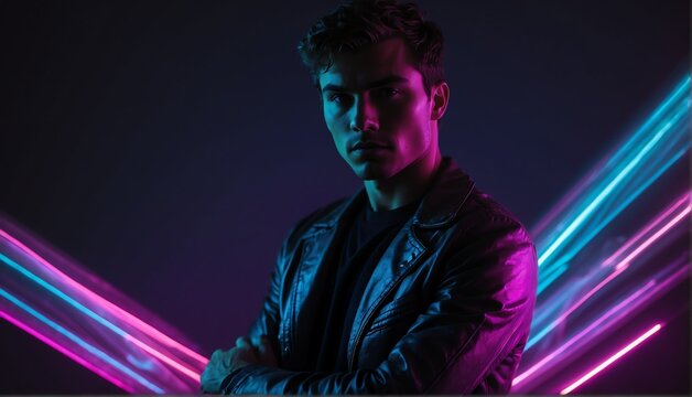 purple glowing neon lights on handsome guy in dark background from Generative AI