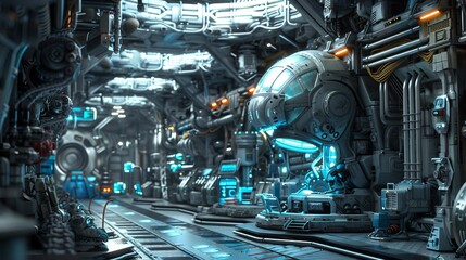 Create a cute 3D scene of a futuristic robot factory  AI generated illustration