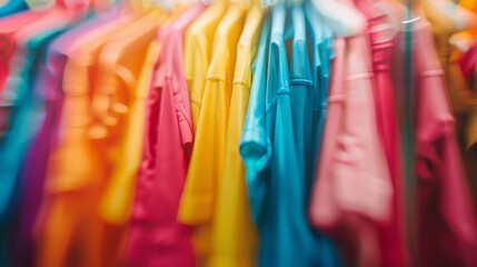 Defocused display of vibrant clothing racks creating a colorful and abstract background for the bustling clothing stalls. .