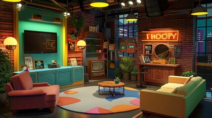 Create a whimsical and cute 3D render of a TV show podcast studio  AI generated illustration