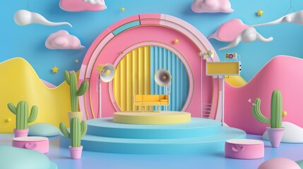 Create an abstract and colorful 3D representation of a TV show podcast studio with a touch of cuteness  AI generated illustration
