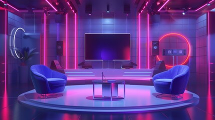 Create an abstract and modern 3D representation of a TV show podcast studio  AI generated illustration