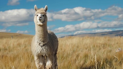 Obraz premium Cuddly alpaca standing in a pasture AI generated illustration