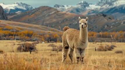Fototapeta premium Cuddly alpaca standing in a pasture AI generated illustration