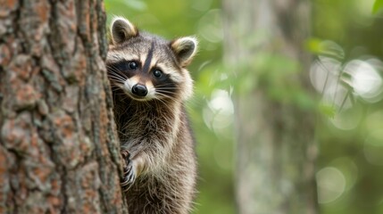 Curious raccoon peeking out from behind a tree  AI generated illustration