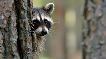 Obraz premium Curious raccoon peeking out from behind a tree AI generated illustration