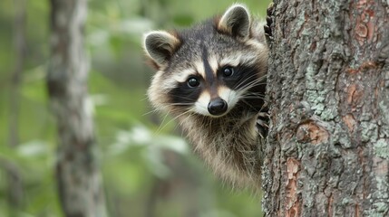 Curious raccoon peeking out from behind a tree  AI generated illustration